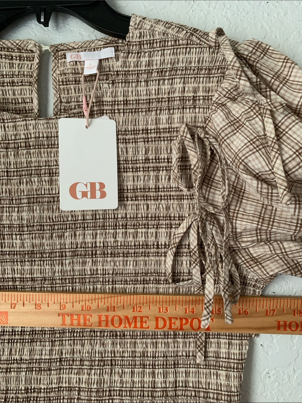 NWT Gianni Bini Beige Plaid Smocked Dress with Puff Sleeves Size L $84 - Picture 5 of 10